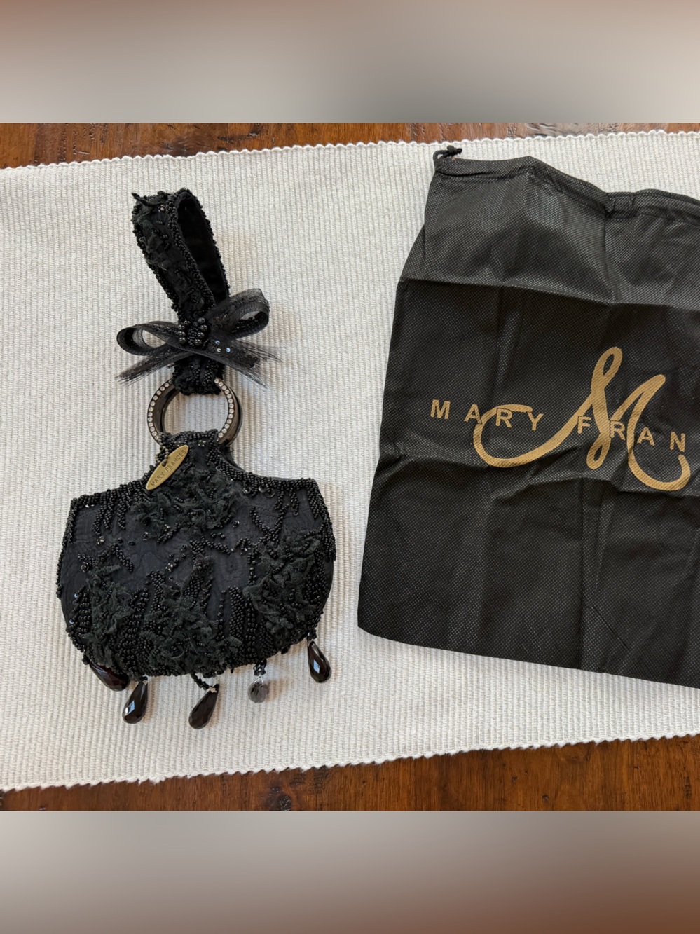Mary Frances Black Beaded Wristlet Clutch with Rhinestone Ring & Bow Accent
